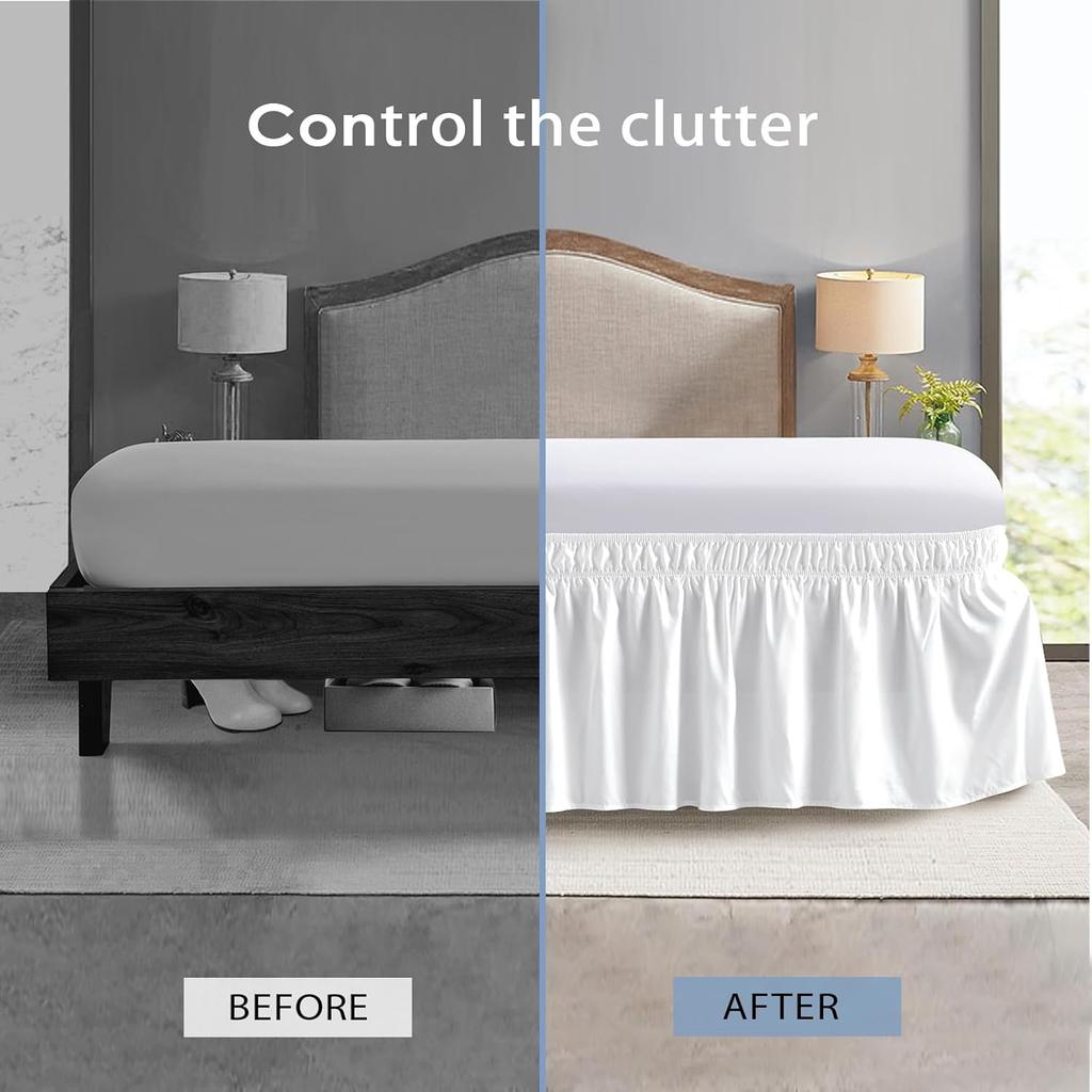 Wrap Around Dust Ruffle Bed Skirt - for Queen Size Beds with 14 in. Drop - Easy Fit Elastic Strap - Wrinkle Free, Machine Wash