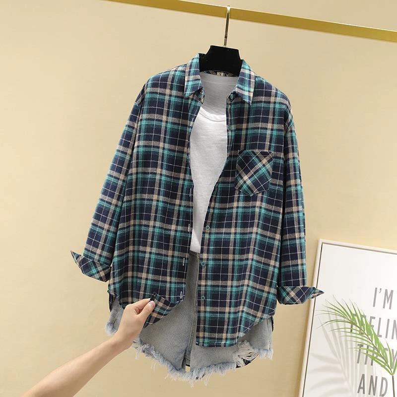Lente Herfst Mode Shirt Grote Maat Lange Klassieke Mouw Enkelrijig Kraag Opgestikte Zak Los Geruit Print Casual Shirt Blouse