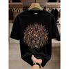 Men's Black Short Sleeve T-shirt with Bold Lion Graphic, Rhinestone Embellished Design, Crew Neck, Relaxed Fit, Soft Cotton Feel, Streetwear Style