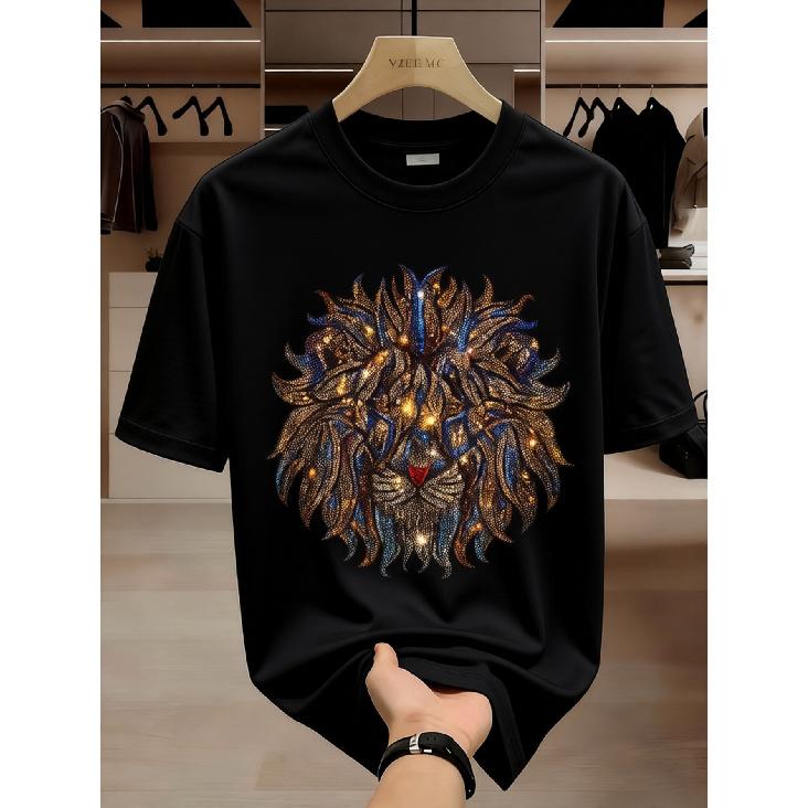 Men's Black Short Sleeve T-shirt with Bold Lion Graphic, Rhinestone Embellished Design, Crew Neck, Relaxed Fit, Soft Cotton Feel, Streetwear Style