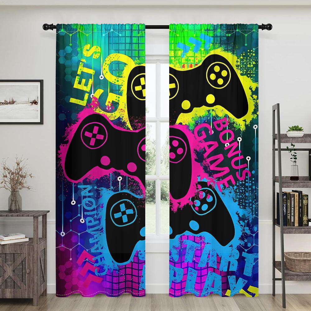 2 pieces, game controller curtains - bright neon text -30% blackout - suitable for living room, bedroom, kitchen, home decoratio