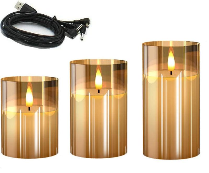 USB Rechargeable Led Pillar Candle Set Flameless Remote Controlled w/Timer LED Flickering 3D Wick Paraffin Wax Table Decorative