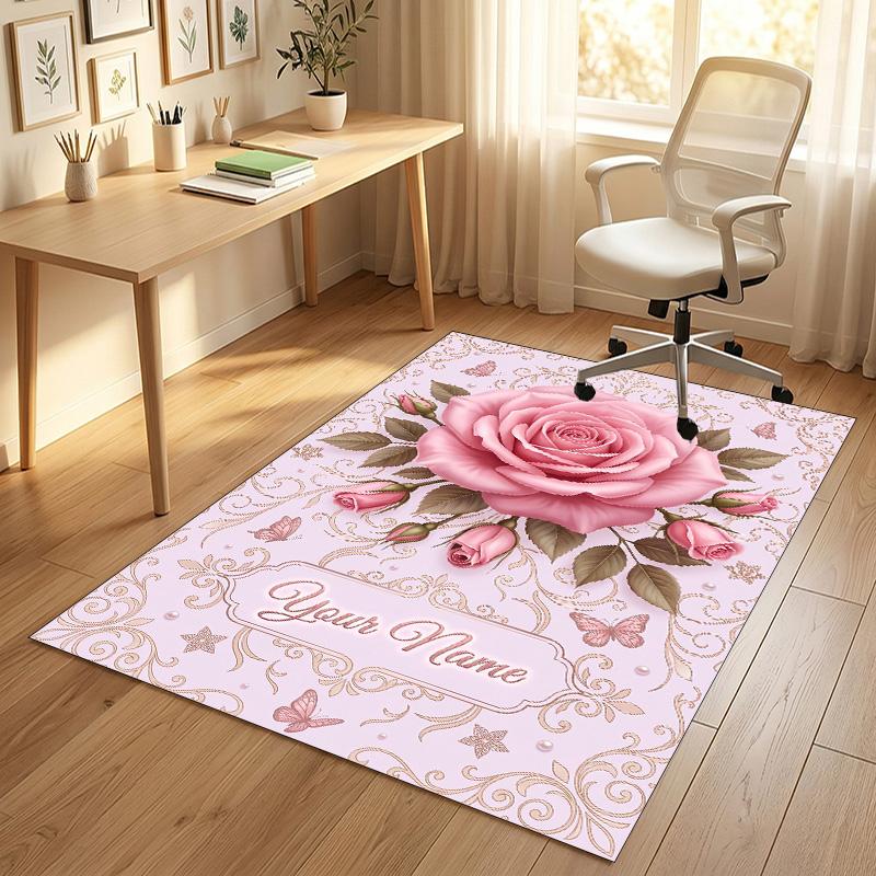 Pink Theme Soft Crystal Velvet Rug Custom Name & Text Print Non Slip Floor Rug for Bedroom Living Room