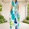 Women Plus Size Round Neck Short Sleeve Abstract Printed Loose Maxi Dress With Side Pockets