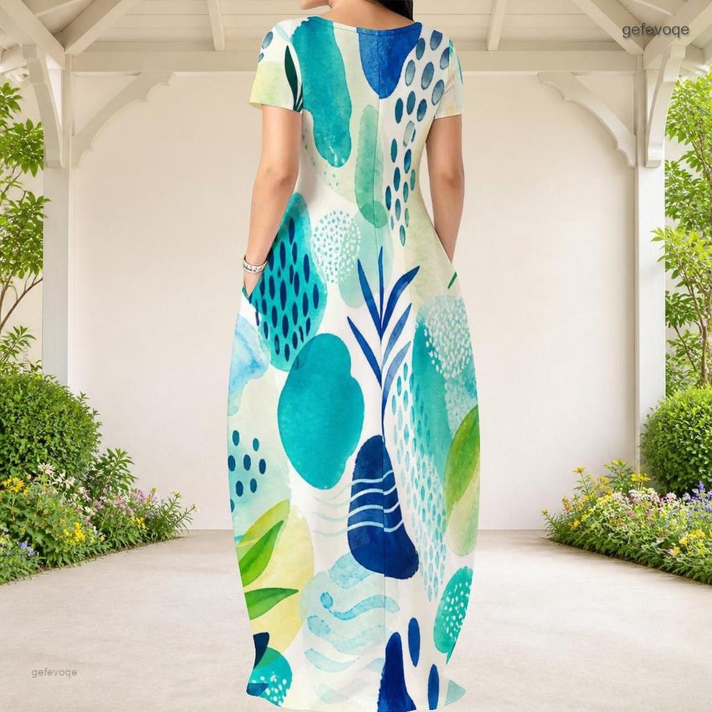 Women Plus Size Round Neck Short Sleeve Abstract Printed Loose Maxi Dress With Side Pockets