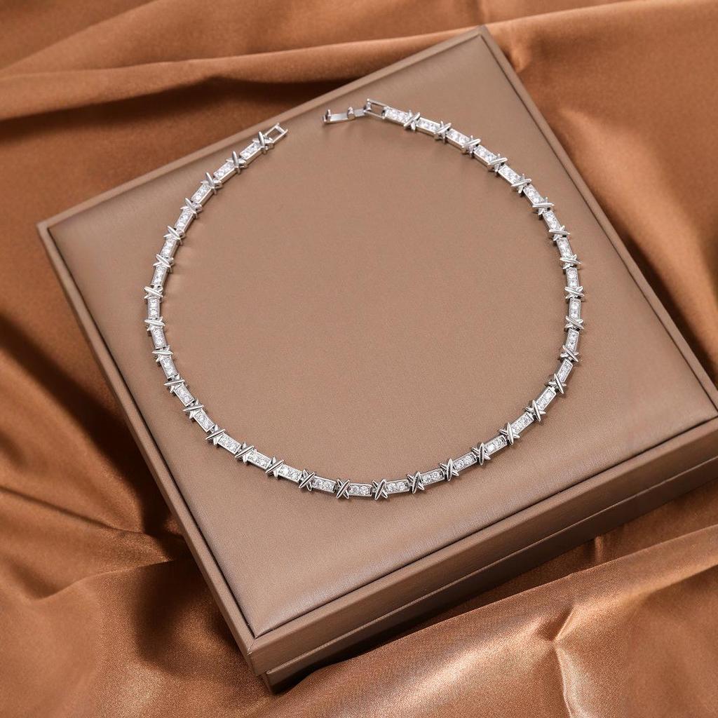 Two-Tone Gold & Silver T-Style Necklace Set with Cubic Zirconia and Design Accent X Clavicle Chain