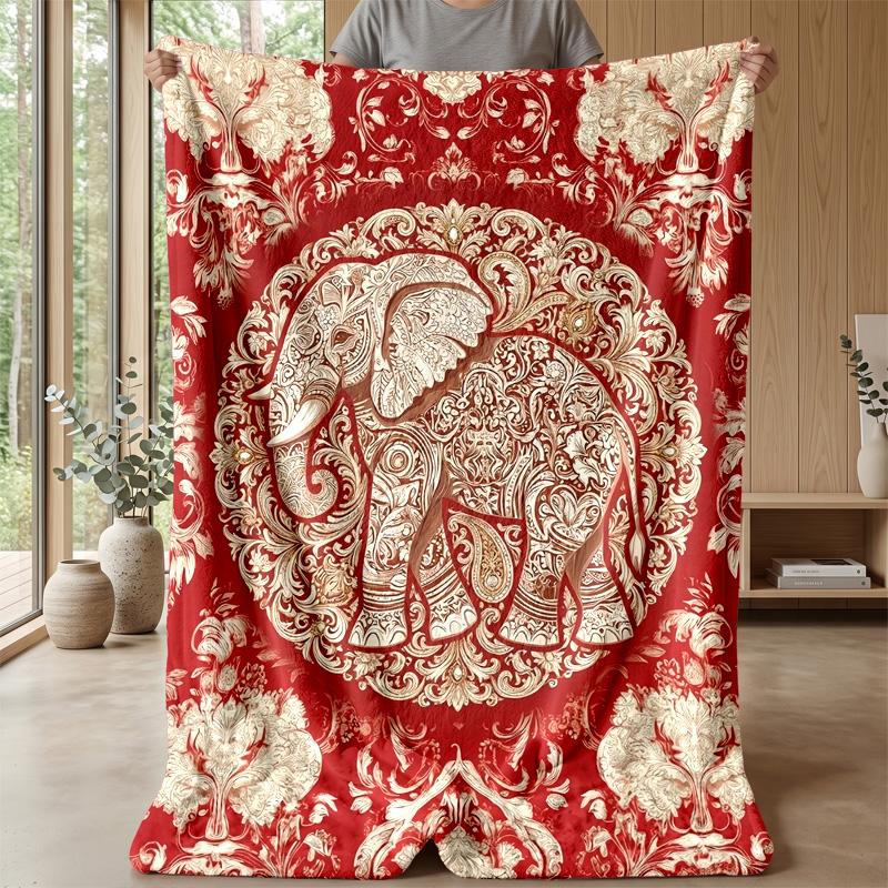 Ornate Elephant Decor Theme Blanket Lightweight Warm Flannel Blanket Decorative Throw Blanket for Home Decoration