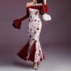 New Chinese Style Vintage Improved Cheongsam Halter Velvet Printed Dress Women Mermaid Bodycon Long