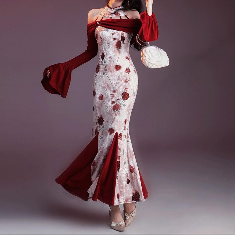 New Chinese Style Vintage Improved Cheongsam Halter Velvet Printed Dress Women Mermaid Bodycon Long