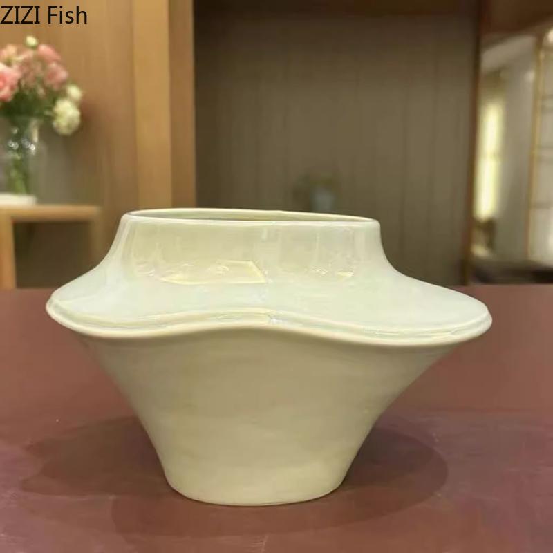 Creative Large Diameter Ceramic Vase Plant Pot Table Decoration Flowers Arrangement Artificial Flower Vases Room Aesthetic Decor