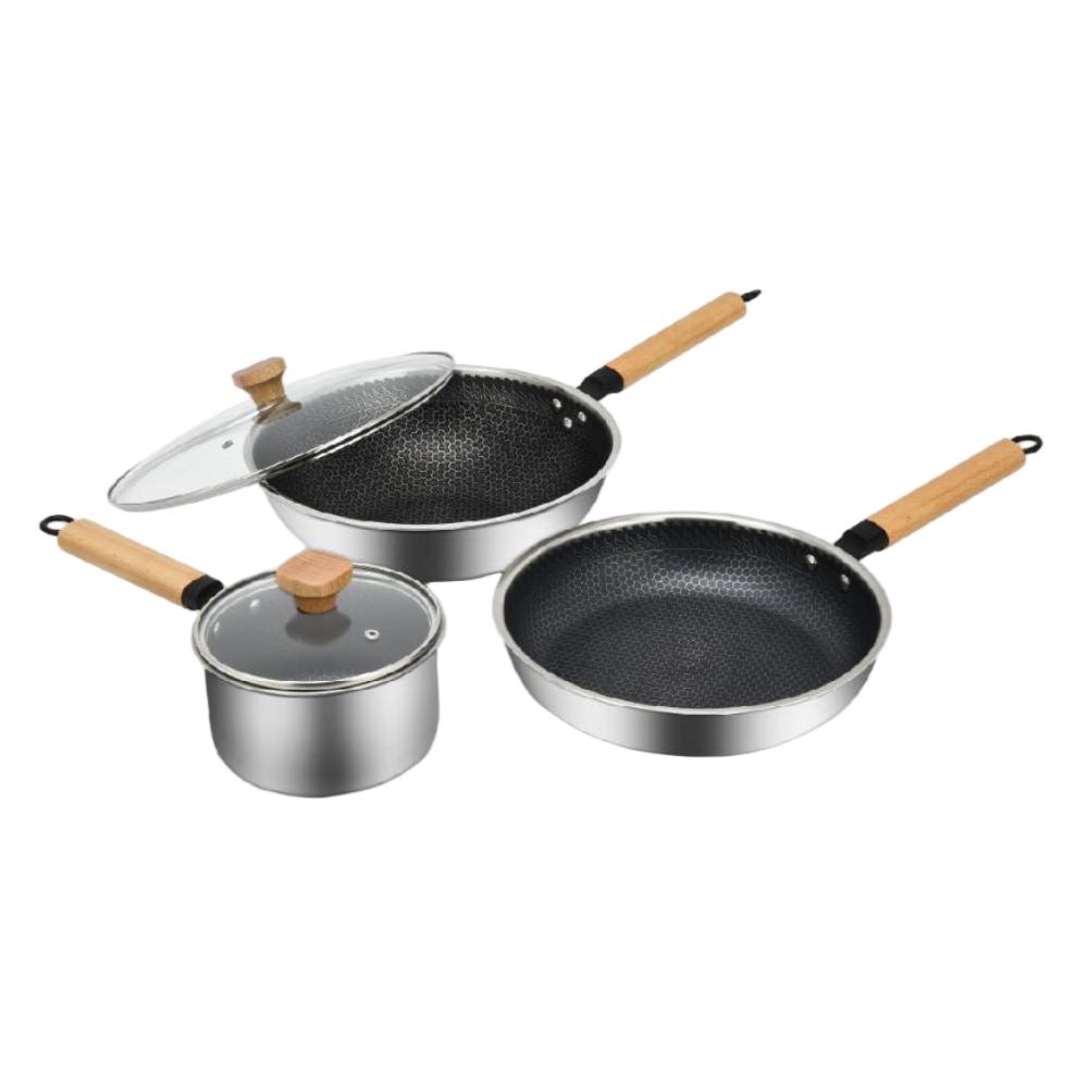 

3-Piece Stainless Steel Frying Pan & Pot Cookware Set with Detachable Handles Modern Design Durable Gas Cooker Compatible срібний