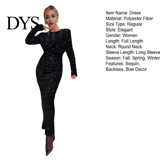 Sequin Maxi Dress Women Evening Backless Big Bow Decor Round Neck Mid Waist Gown Slim Fit Long Sleeve Prom Party Club Formal