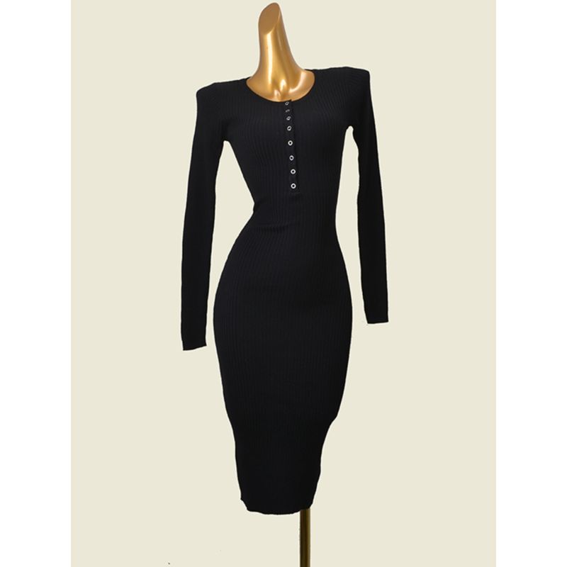 Black Early Autumn Slim Fit Waist-Controlled Base Knitted Dress