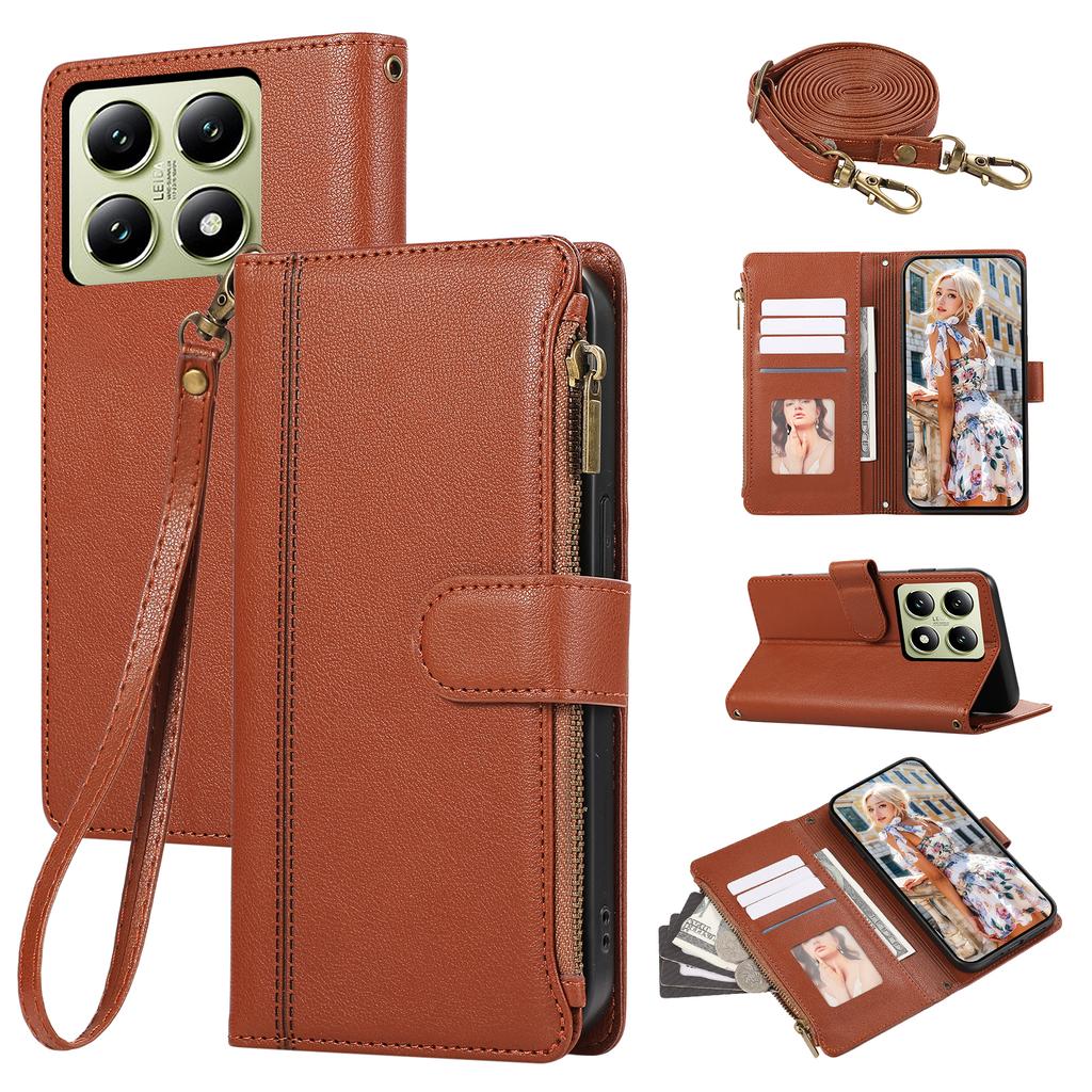 Husă pentru Xiaomi 14T Pro, Piele cu Fermoar, cu Sloturi Multiple pentru Carduri, Acoperire Telefon cu Curea de Umăr/Curea de Mână