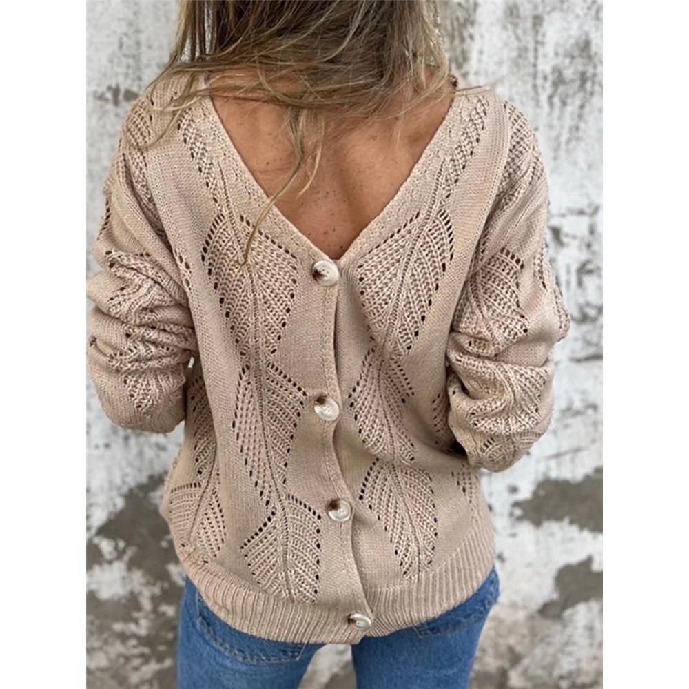 Women's long-sleeved V-neck hollow leaf pattern button knit sweater