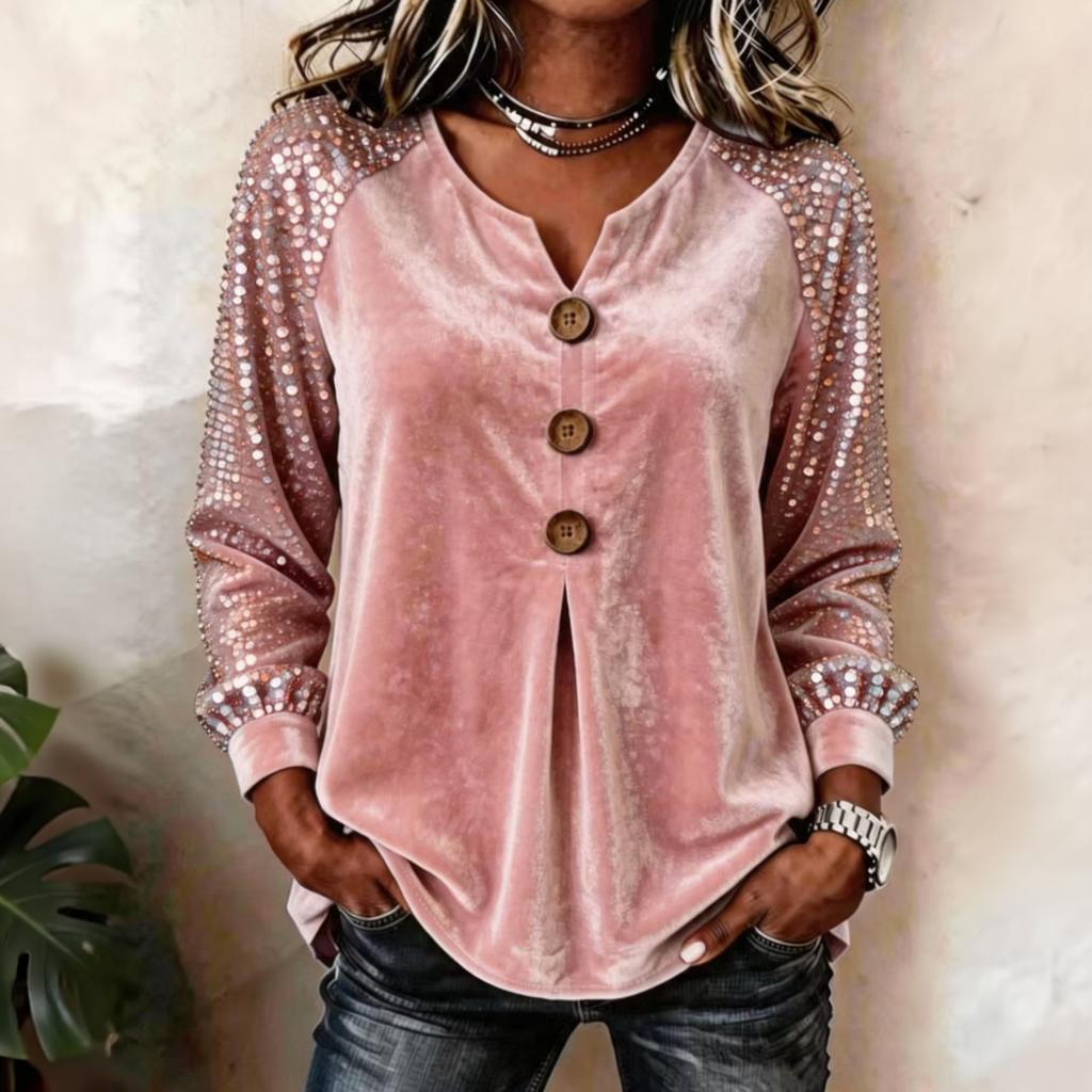 Women's V-Neck Long Sleeve Blouse with Sequins and Button Front for Casual Wear