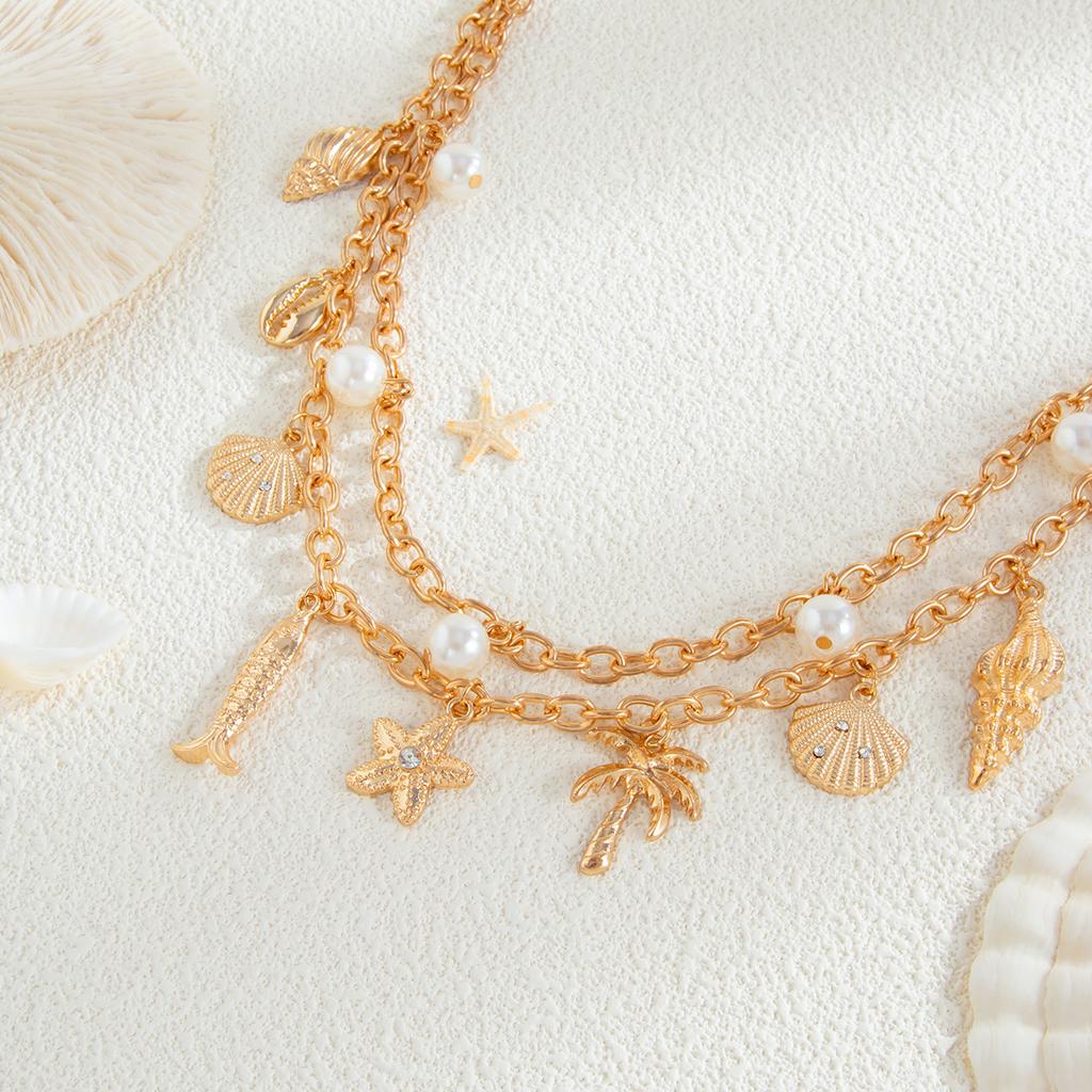 Mehrlagige Seestern Muschel Taillenkette Trendige Imitationsperle Sexy Bikini Goldfarbene Bauchkette für Frauen Mädchen Körperschmuck Geschenke