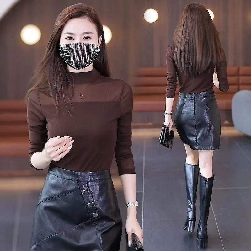 2024 Autumn Women's Retro Slim Fit Mesh Stitching Long-Sleeved Shirt with Half-High Collar