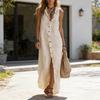 Damen Sommer Baumwoll Leinen Hemdkleid Ärmellos Knopfleiste Mit Kapuze Maxikleid Lässig Tunika Strand Sommerkleid