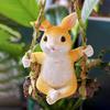 Hanging Swing Statue Resin Craft Rabbit Ornament with Imitation Rattan Rope Tree Stump Base