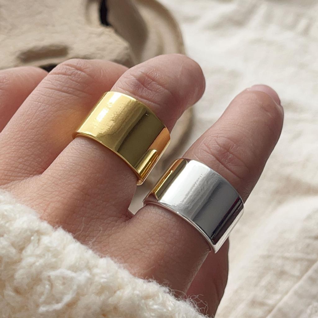 925 Sterling Silver Rings For Women Geometric Fine Jewelry Finger Adjustable Smooth Gold Wide Ring For Party Birthday Gift