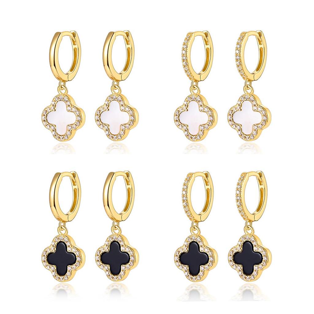 S925 Sterling Silver Four-Leaf Clover Earrings with Zircon, Black Agate, and White Mother-of-Pearl for a Luxurious High-End Look.