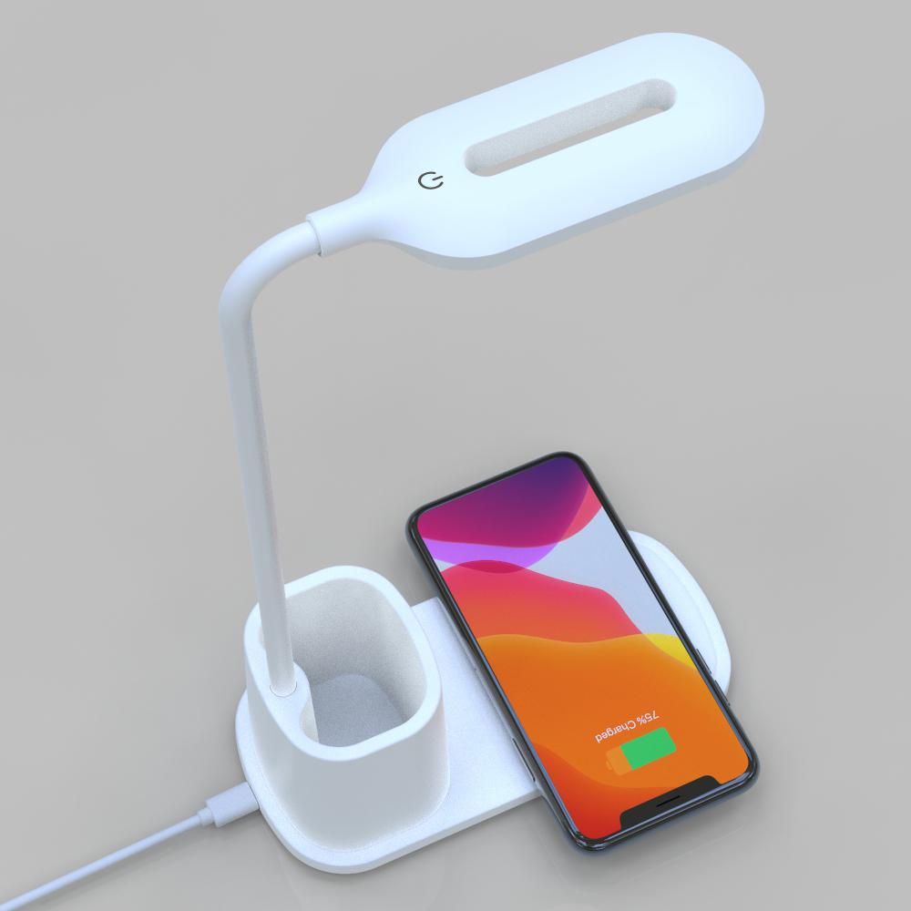 Inductive charger, LED desk lamp, white container, cable, adjustable