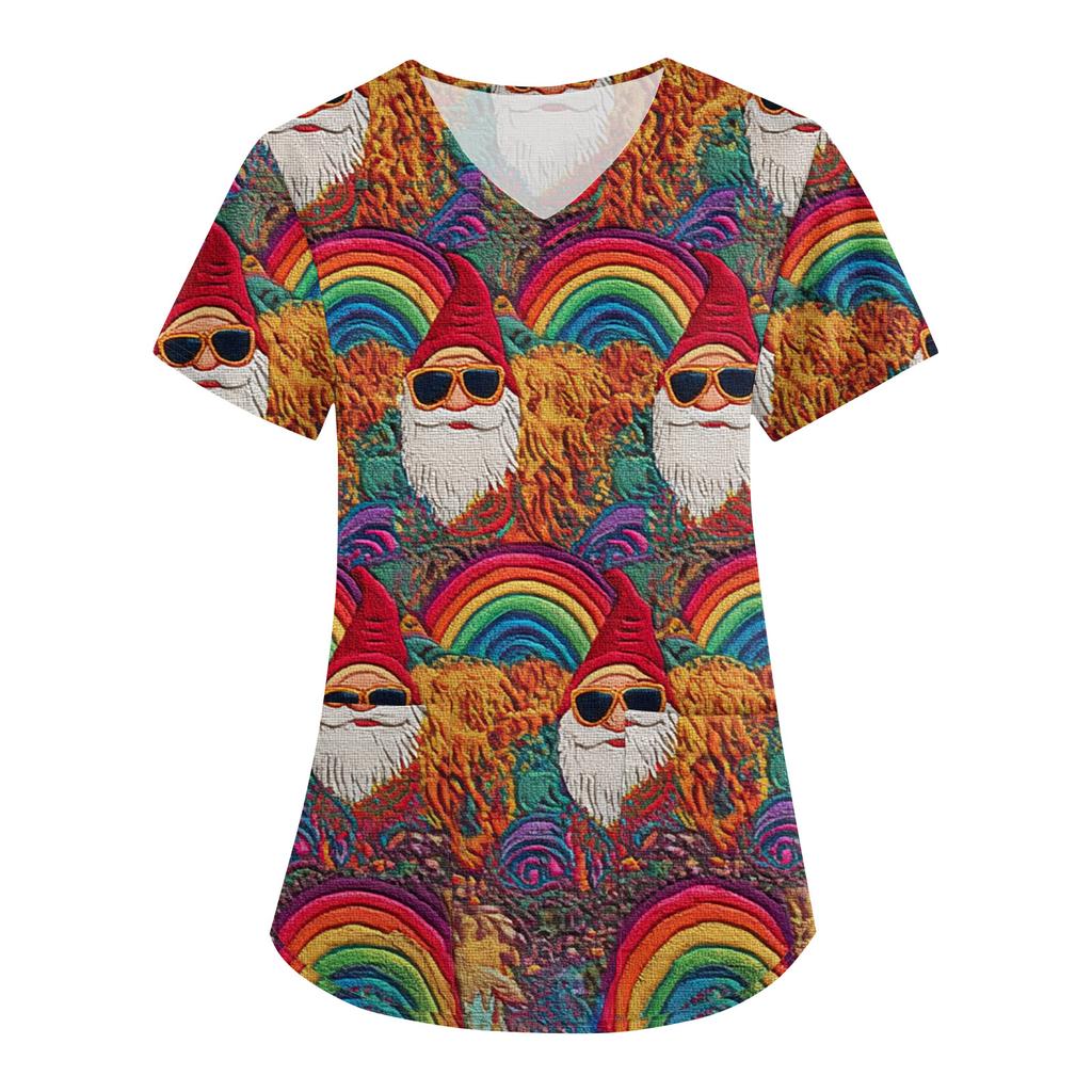 Women's Fashion V-Neck Short Sleeve Overalls With Pockets Christmas Printed Tops  Clothes