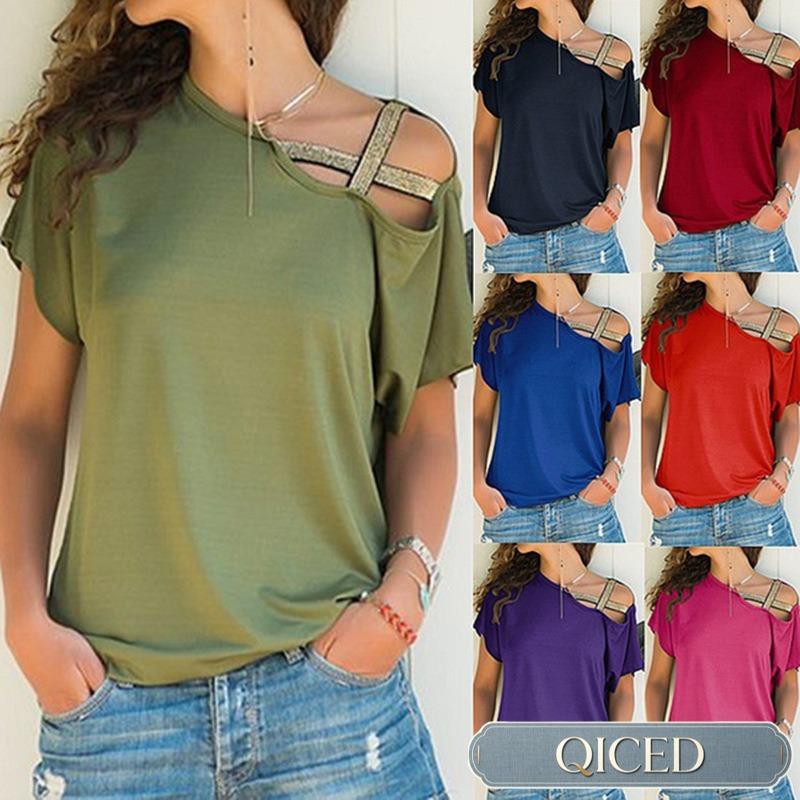 QICED Women's Fashion Casual Summer Spring Short Sleeve Blouses & Shirts Casual Chic