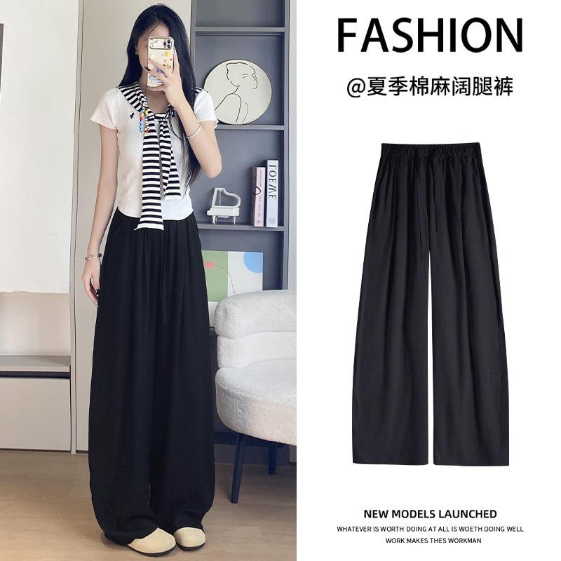 Black Tencel linen pants women's new summer light and cool pants small loose cotton and linen wide-leg pants