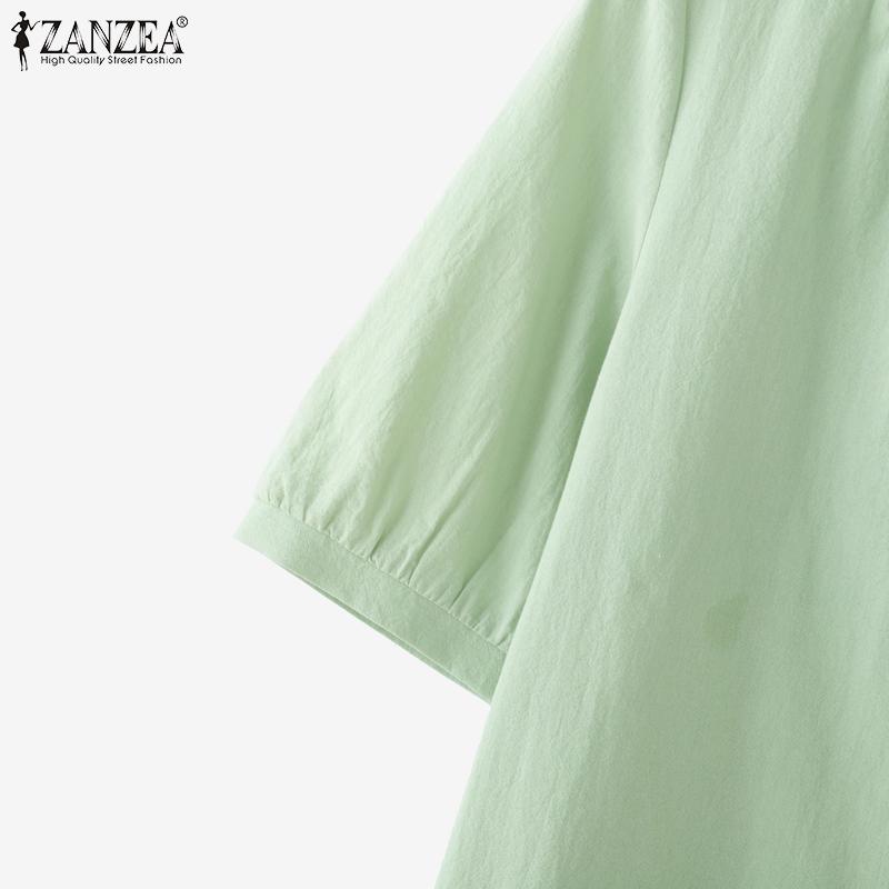 ZANZEA Women Casual Round Neck Loose Short Sleeve Cotton Blouse
