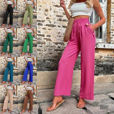 Sommer Damen Neue Einfarbige Weitbeinige Hosen Dünn Elastisch Hohe Taille Kordelzug Tasche Büro Dame Lässig Basic All-Match Hosen