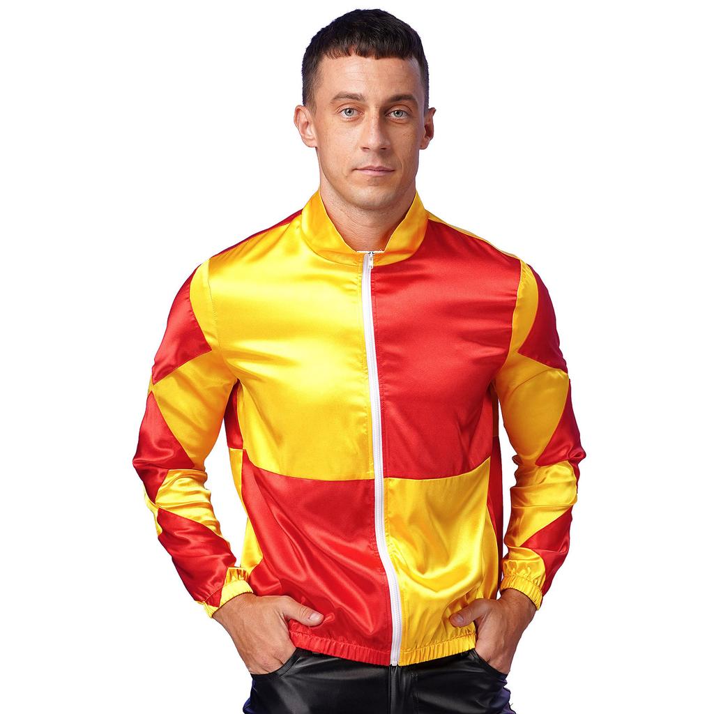 Herren Vintage Reiterjacke M-3XL, Satin Schachbrett Muster Oberbekleidung Reißverschluss vorne, Halloween Reiter Cosplay Kostüm & Partybekleidung