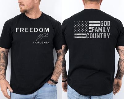 T-shirt commémoratif Charlie Kirk double face Liberté, Dieu Famille Patrie Patriotique Drapeau Américain