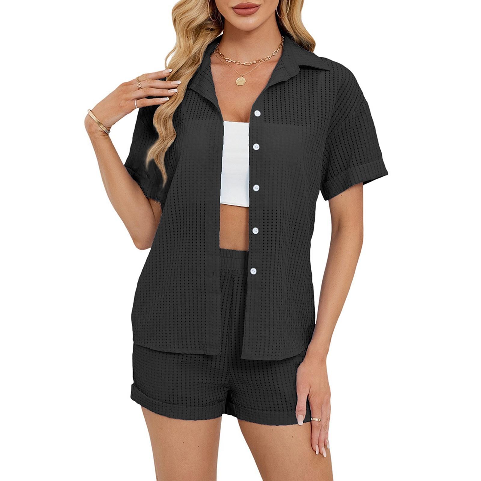 

Женская повседневная однотонная рубашка с короткими рукавами, топы, шорты, домашняя одежда, комплект из двух предметов S чёрный