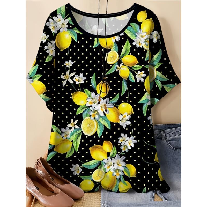 Plus Size Women s Lemon Print Top Casual Elegant Women s Plus Size Round Neck Shirt Summer S