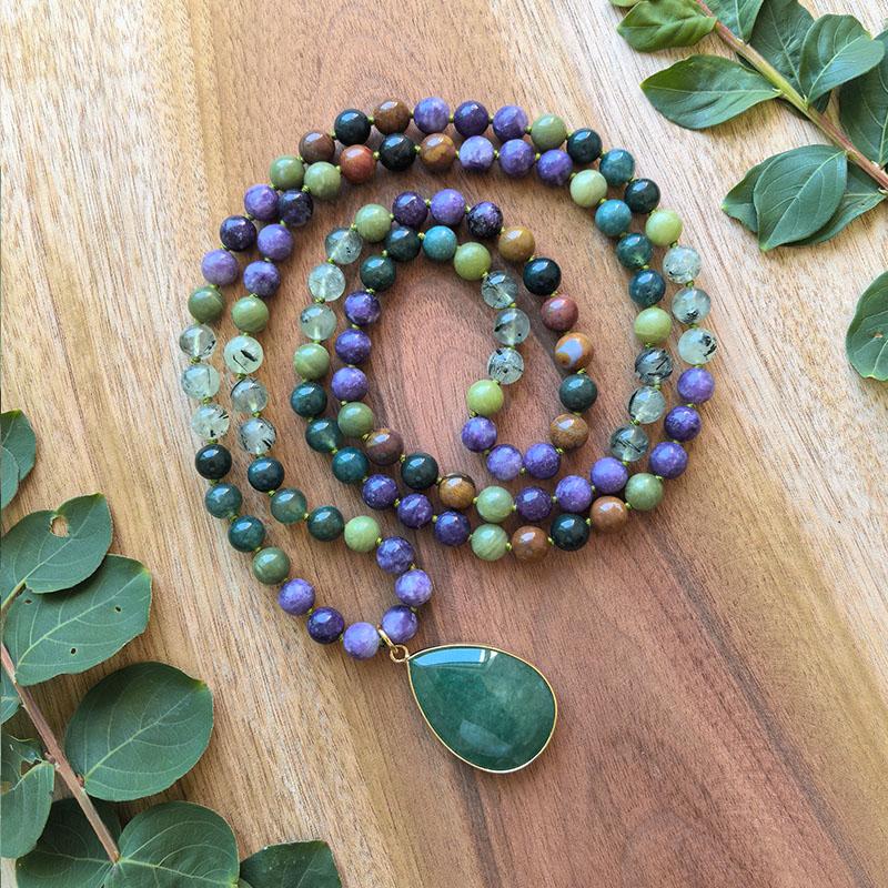 Natural Moss Onyx,Prehnite,Green Jade Mala Necklace,108 HandKnotted Meditation Jewelry,Boho Healing Crystals,Yoga Prayer Gift