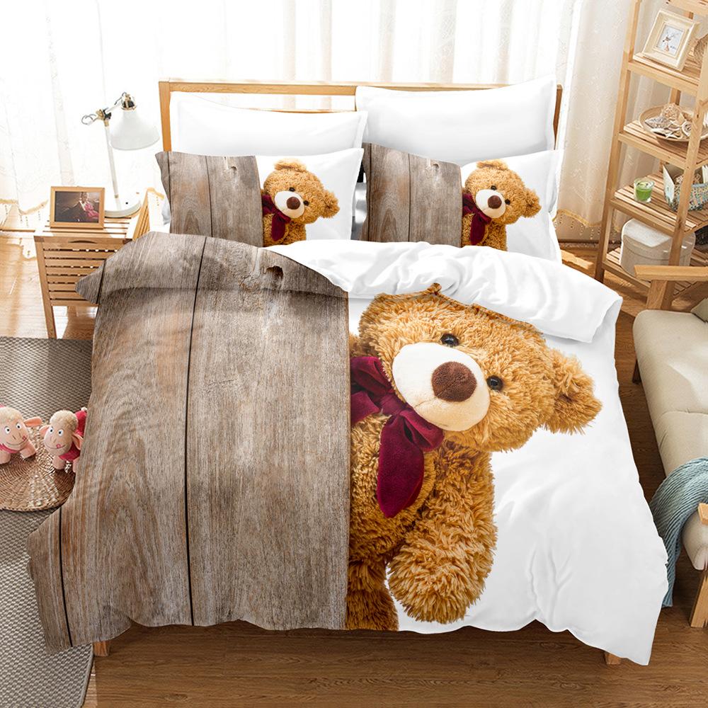 3D Cartoon Bear Bedding Set Cartoon Animal Duvet Cover Pillowcase 2/3 Pieces Girls' Room ES/EU/DE Full Size Children's Room Soft Home Textile