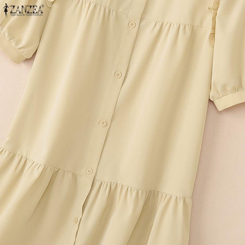 ZANZEA Women Casual Round Neck Solid Color Loose Short Sleeve Dress