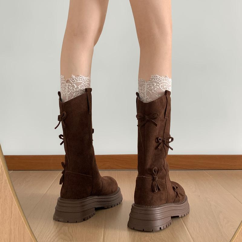 Autumn Winter Platform Thick Sole Women Mid Calf Fashion Butterfly knot Female Retro Western Cowboy Booties
