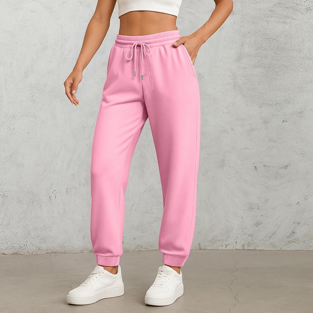 Ladies' Fashionable Solid Color Straight Leg Pants With High Waist Drawstring Pockets And Elastic Waist Casual Pants