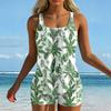 Women’s Swimsuit with Tropical Leaf Print Wide Straps Square Neckline Stretchy Fabric Comfortable Fit Swimwear