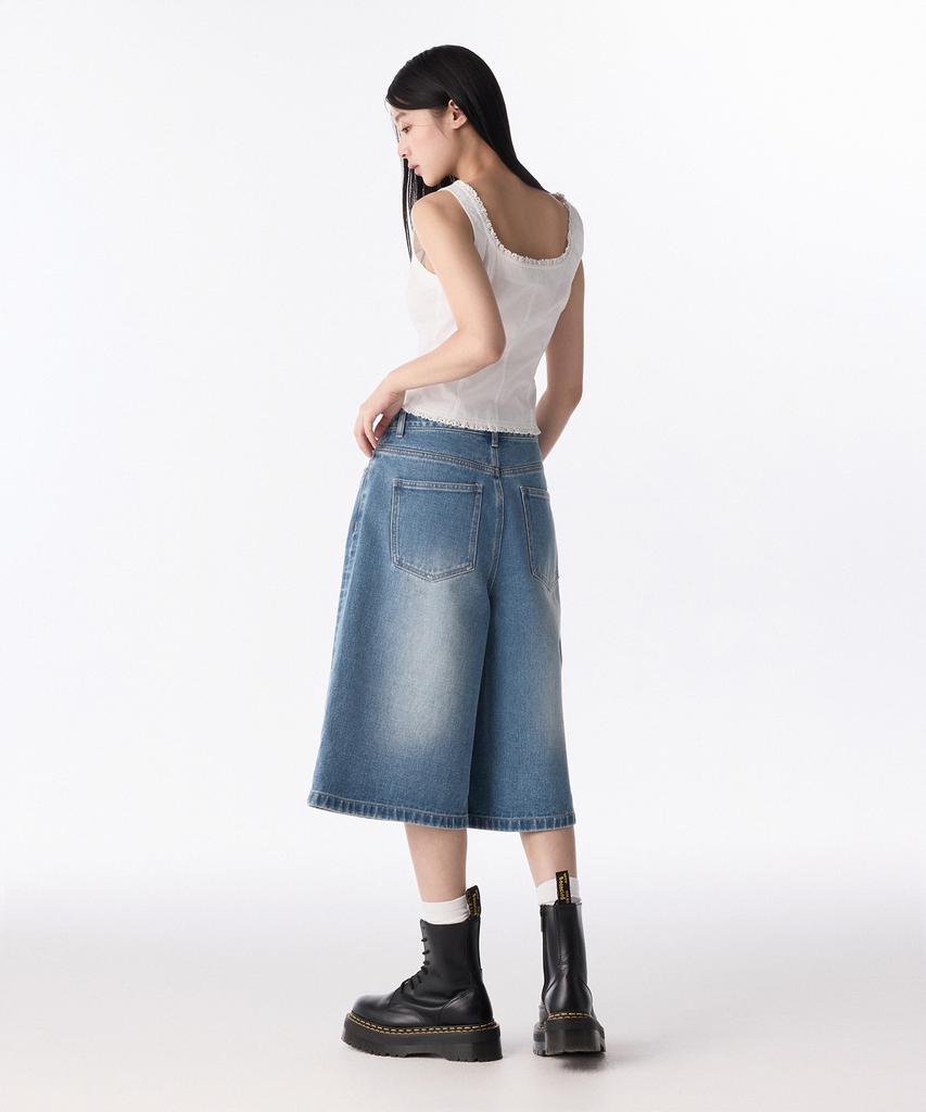 MUSINSA STANDARD WOMAN Women'S Big Brush Wide Bermuda Denim Pants [Light Indigo]