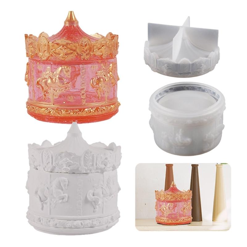 DIY Crystal Epoxy Resin Mould Carousel Horse Storage Box Casting Mold Jewelry Storage Box Silicone Mold/with Lid