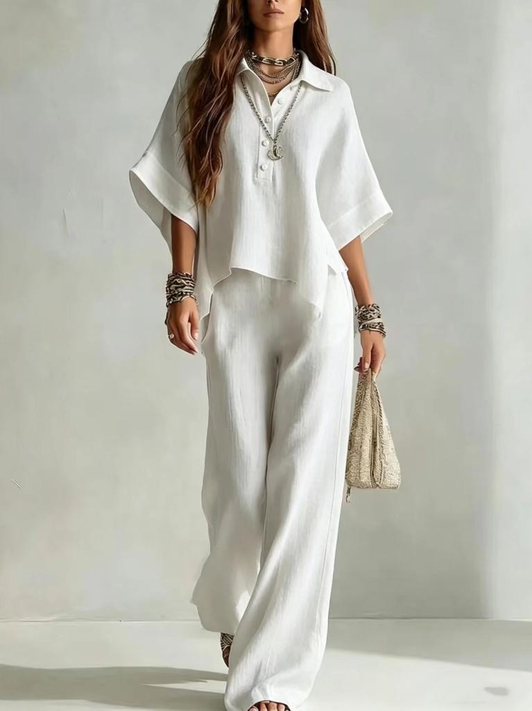2026 New European and American Style Linen Wide-leg Pants Set Women's Summer Loose Shirt Two-piece Set Fashion Casual Trendy