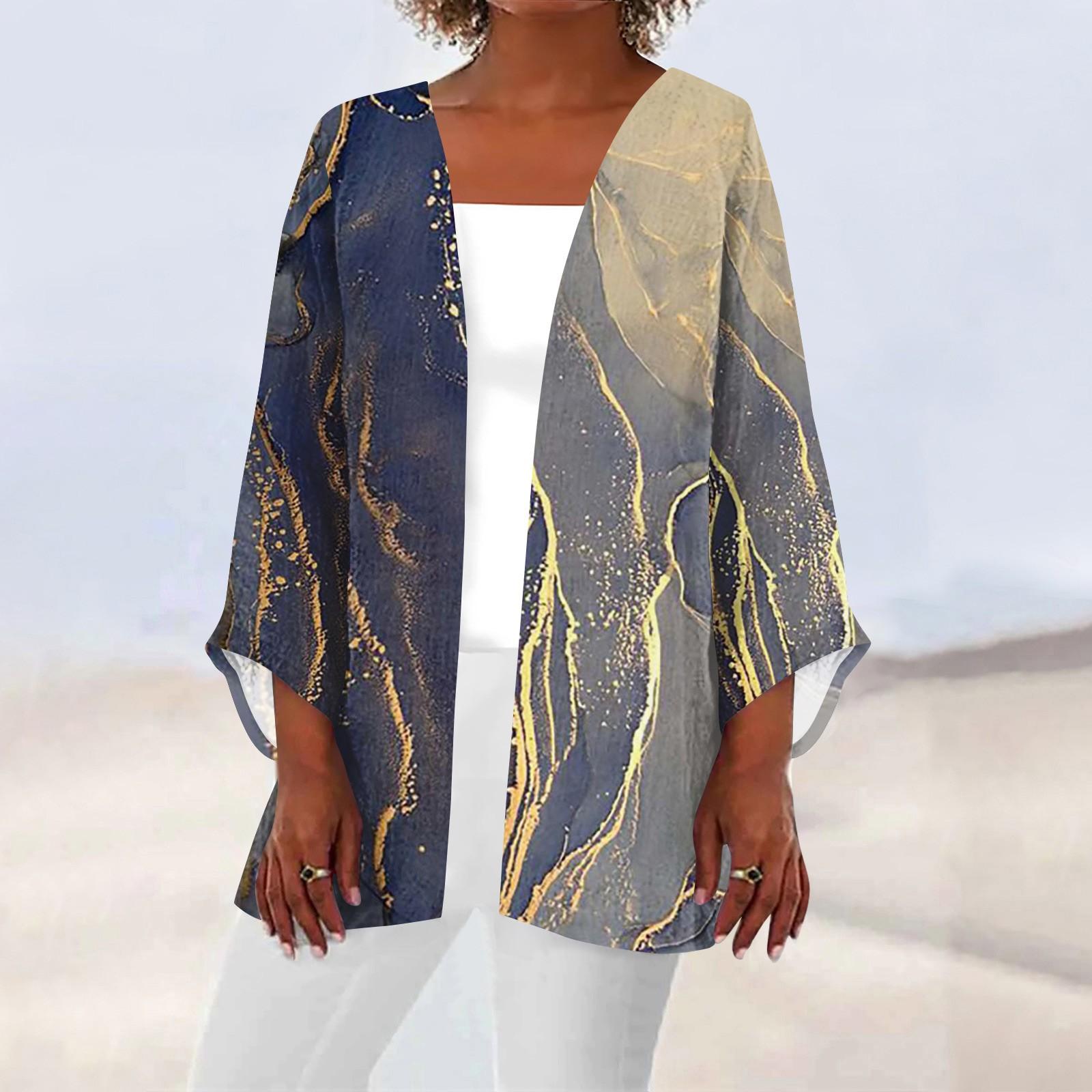 

Женская повседневная модная легкая куртка средней длины с принтом в стиле ретро, ​​кардиган XL тёмно-синий