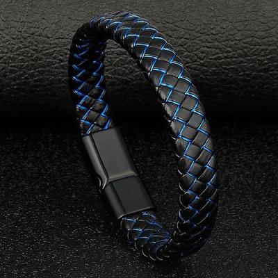 Männer Echtes Leder Armband Armreif Schwarz Geflochtenes Armband Edelstahl Magnetische Verschlüsse Handgelenk Band Männliche Armband Zubehör