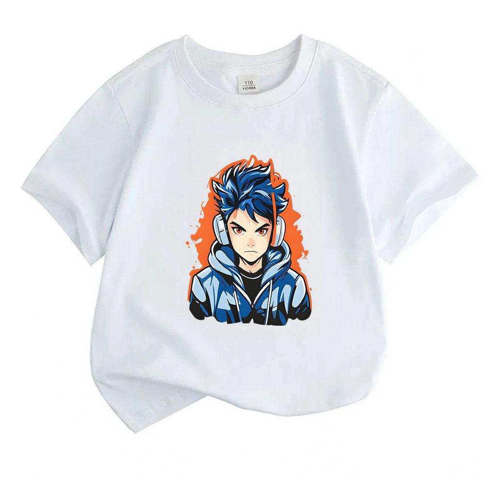 Kids 100% Cotton Crew Neck Short Sleeve T-Shirt, Cool Anime Blue Spiky Hair Gamer Boy Print Casual Soft Tee for Boys Girls Daily Wear
