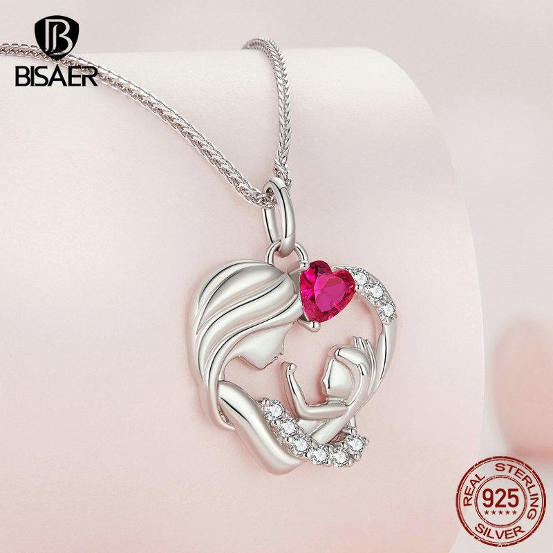 BISAER 925 Silver Mother & Child Pendant Necklaces Heart Charm Adjustable Chain For Women Mother's Day Birthday Jewelry