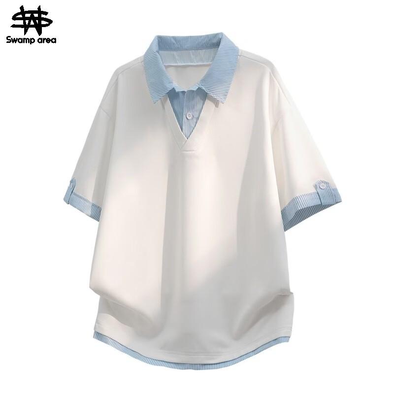 SWAMP AREA Men s Patchwork Faux Two-Piece Polo Tee M